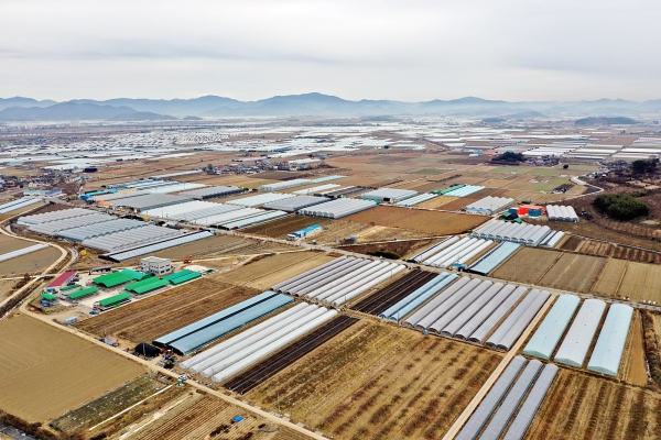 창원들녘의  맑은물공급사업현장(초록색지붕부분).