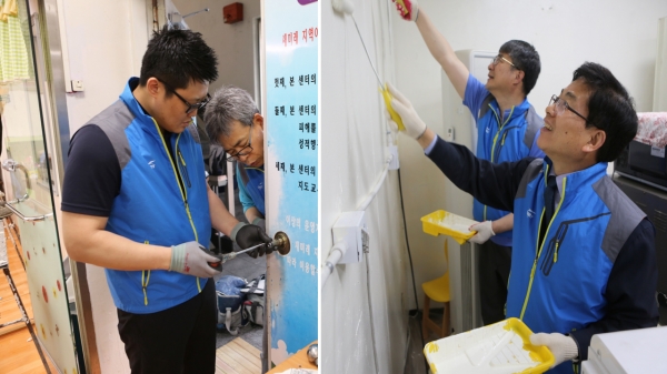 공사 김민기 사장이 기술봉사회 회원들과 24일 산성동 사회복지시설을 찾아 집수리 재능기부 봉사활동을 펼치고 있다. (오른쪽사진 김민기 사장)