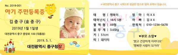 아기주민등록증, 앞면과  뒷면