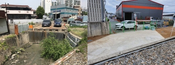 홍도동 솔랑마을 아파트 일원의 하수시설물 복개사업 전, 오른쪽 복개사업 후