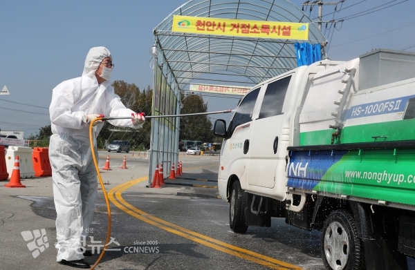 축산관련 차량을 소독하는 양승조 지사