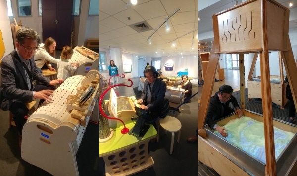 지난 7일(현지시간) 미국 샌프란시스코 어린이 창의력 박물관(Children's Creativity Museum)에서 정용래 유성구청장이 다양한 교구들을 체험하고 있다