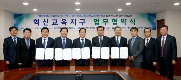 13일 시교육청 중회의실에서 중구청, 서구청, 동·서부교육지원청과 ‘행복이음 혁신교육지구’ 운영을 위한 업무협약을 체결했다.