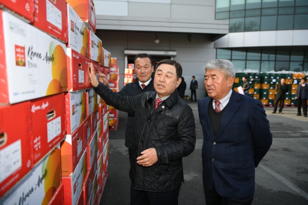 황선봉 군수(가운데)와 권오영 능금농협조합장 등 관계자들이 러시아로 출하할 예산황토사과를 살펴보는 모습