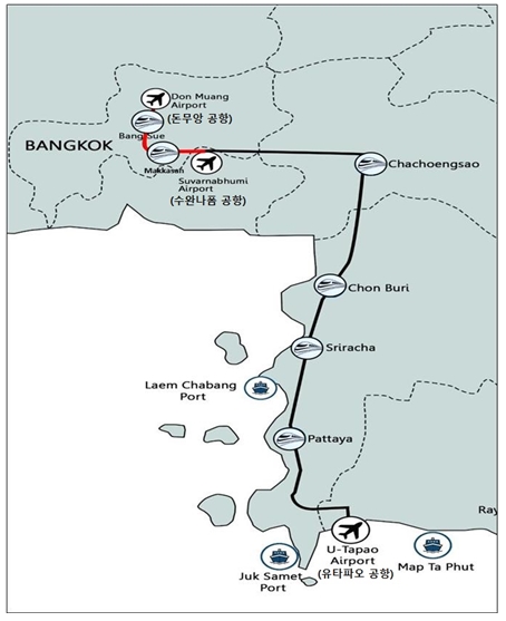 태국 3개 공항 연결 고속철도 노선도