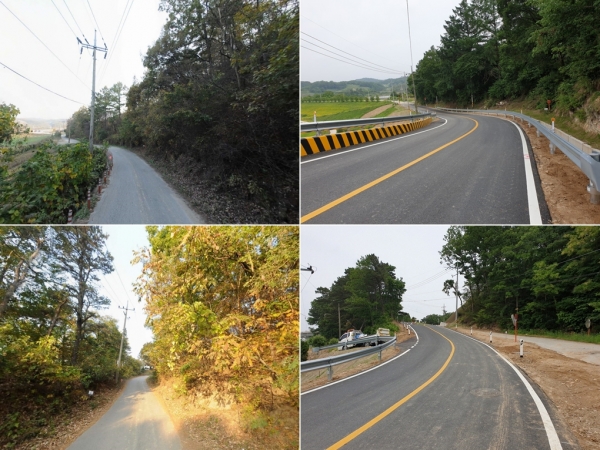 세종시 금남면 영곡리 일원 원봉선 급경사 공사 전(왼쪽)과 후.