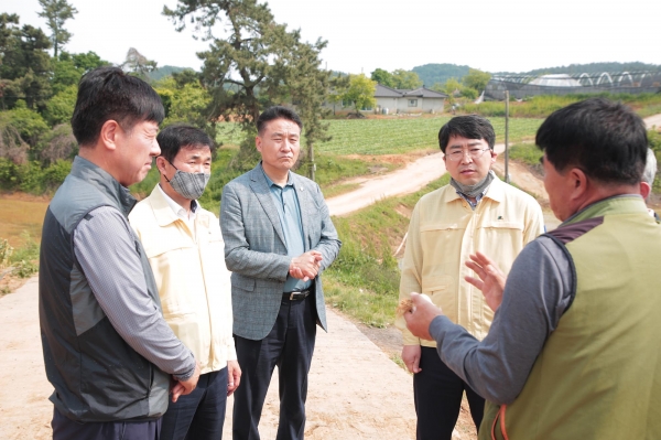 맹정호 서산시장이 마늘 산지폐기 현장을 방문해 상황을 점검하고 농민들의 애로사항을 듣고 있다.