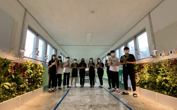 당진중 ‘헤아리다’동아리 학생들이 바이오월에 식물을 배치, 식재하고 있다.