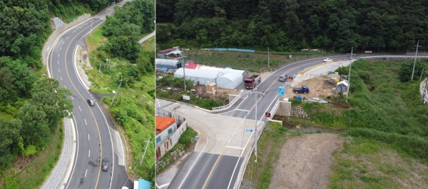 선형 개선된 전동면 봉대리 시도29호 도로 구간(왼쪽)과 확장신설된 제2노장교