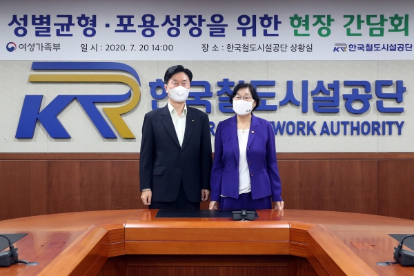 김상균 이사장(왼쪽)과 이정옥 여성가족부 장관(오른쪽)이 20일(월) 공단 본사 사옥에서 양성평등 조직문화 정착을 위한 간담회를 시행하고 기념촬영을 하고있다.