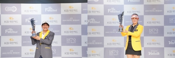 남자부 우승자 장성호가 우승 기념 포즈, 여자부 우승자 윤순오가 우승 기념 포즈