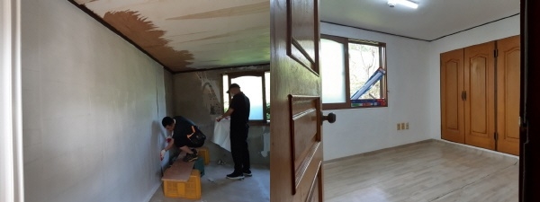 아산자활센터 주거복지사업단 도배·장판 봉사활동 중, 도배.장판 완료 후