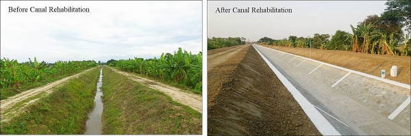공사는 미얀마 네피도특별치시 신떼댐 안전관리기술을 전수하고 관개시스템 개보수 타당성조사와 설계를 진행했다(사진은 수로개보수 사업 전후비교)
