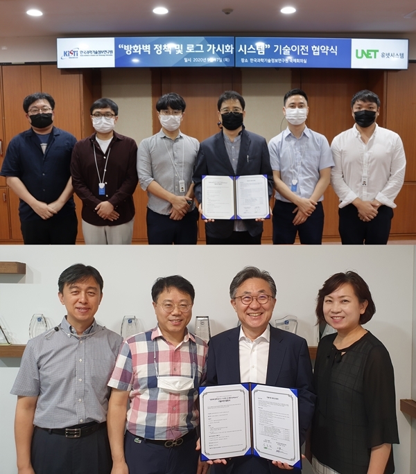 KISTI 과학기술사이버안전센터 연구진(윗쪽)과 유넷시스템(주) 임직원. 기술이전 체결식은 코로나19로 인해 서면 진행됐다.