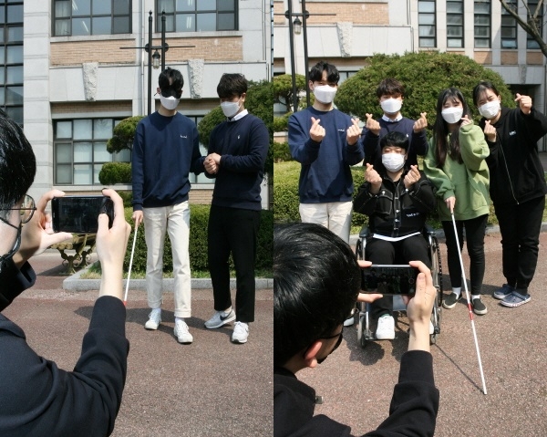 지난 4월7일 목원대학교 문화콘텐츠대학 앞에서 사회복지학과 재학생들이 장애인식 개선을 위한 ‘UCC(사용자 제작 콘텐츠) 홍보영상’을 촬영하고 있다.