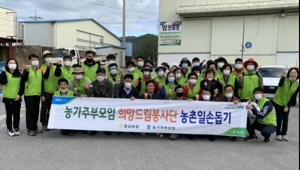 충남농협 임직원과 육군 32사단 장병 및 농가주부모임 회원들이 알밤 수확 농촌 봉사활동 후 단체사진