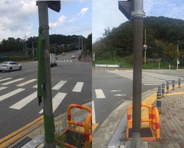 불법광고물 부착 방지판, (좌)정비 전, (우) 정비 후 사진