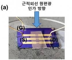 KIST 연구진이 개발한 카이랄 액정 네트워크 필름이 결합된 근적외선 원편광 감응 광트랜지스터 소자 모습.