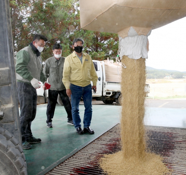 지난 25일 ‘2020년 공공비축미곡 산물벼 수매’를 진행하고 있는 근흥면 농협 벼 건조저장시설(DSC)을 찾아 농민들을 격려하고 있는 가세로 태안군수.