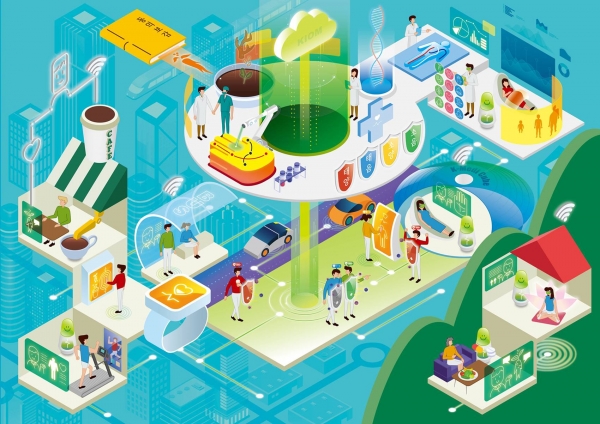 한의학연이 수립한 2050년 미래상 중 한국인 마법건강 방패를 통한 건강하고 안전하고 행복한 사회 모습.