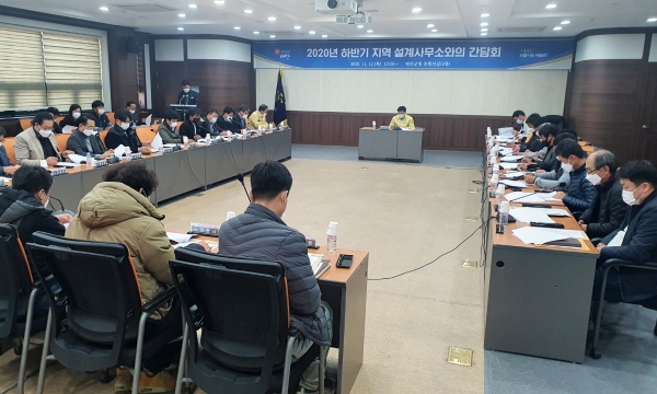 지난 12일 군청 중회의실에서 열린 ‘2020년 하반기 지역설계사무소와의 간담회’ 모습.