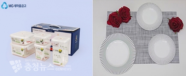 좌) 도자기 접시 세트(대찬기 1P, 중찬기 2P), 우) 트라이탄 친환경 밀폐 용기 5종 세트 중 택1 교환.
