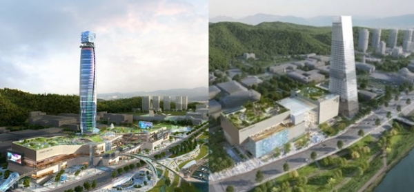 대전 사이언스콤플렉스 2014년 공모 당시 조감도(좌), 설계변경 후 조감도(우)