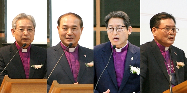 ‘목원신학동문 감독회장·감독 취임 축하예배’에서 이철 감독회장 등이 취임인사를 하고 있다. 왼쪽부터 이철 감독회장, 강판중 남부연회 감독, 최종호 중앙연회 감독, 황병원 삼남연회 감독.