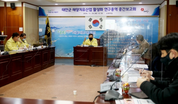 지난 24일 군청 소회의실에서 열린 ‘해양치유산업 활성화 연구용역 중간보고회’ 모습.