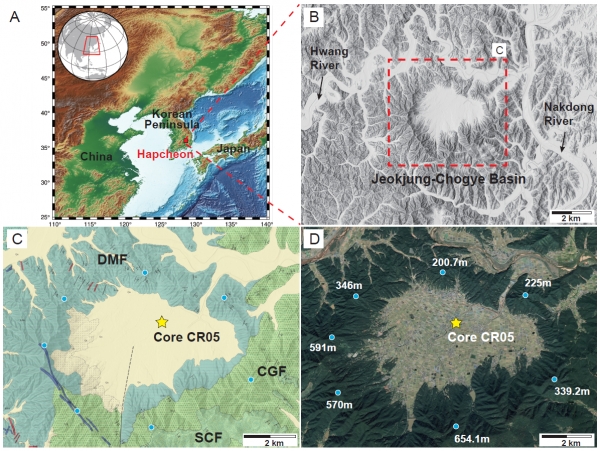 적중-초계 분지 위치(A, B)와 시추 지점(C, D)
