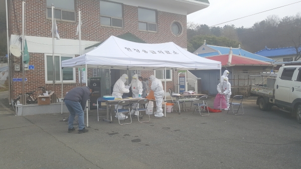 서천군, 마을 일시 이동제한 해제 (화금2리 임시 선별진료소 설치 중인 모습)