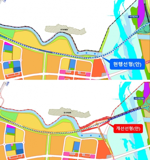 세종시 외곽순환도로 북측 미호천 구간 현행선형(위) 구간과 개선선형(아래) 모습.