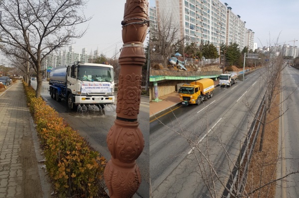 도로 재비산(제설 잔재물) 제거 살수작업