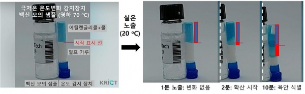 영하 70도 보관 백신 모의 샘플을 이용하여 극저온 온도변화 감지장치의 실온 노출 실험.