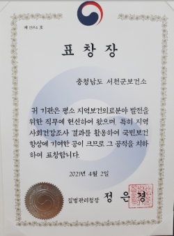 서천군, 2020년 지역사회건강조사 우수기관 선정 상장