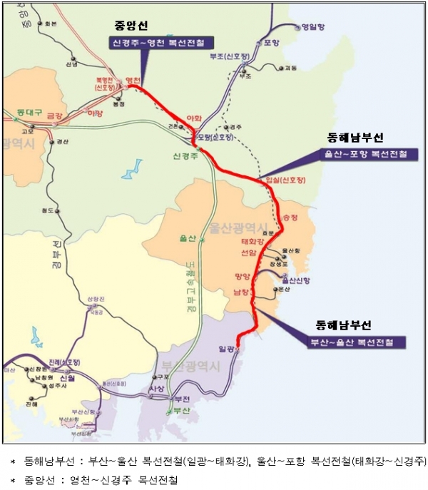 동해남부선 및 중앙선 복전전철 사업 전차선로 가압구간 약도