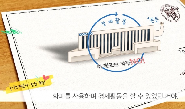 조폐공사의 ‘창립 70주년 기념 대(對) 국민 영상공모전’ 대상 수상작 ‘한국조폐공사에게’ 중 한 장면. 조폐공사의 과거·현재·미래를 연결하며 새로운 가치를 창출해 나가는 공사의 모습을 아이의 시선에서 창의적이고 친근하게 표현했다.