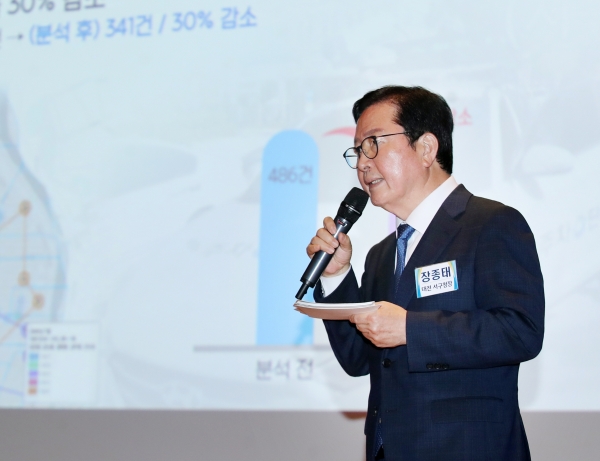 장종태 대전 서구청장은 31일 시청 3층 대강당에서 개최된 ‘참좋은 지방자치 정책대회’에서 ‘빅데이터 기반 3공(공감ㆍ공간ㆍ공유) 주차지도’ 발표했다.
