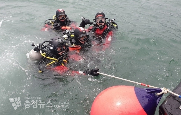 태안해경 특임 경찰관들이 수중 원형탐색 훈련을 진행하고 있다. 사진=태안해양경찰서
