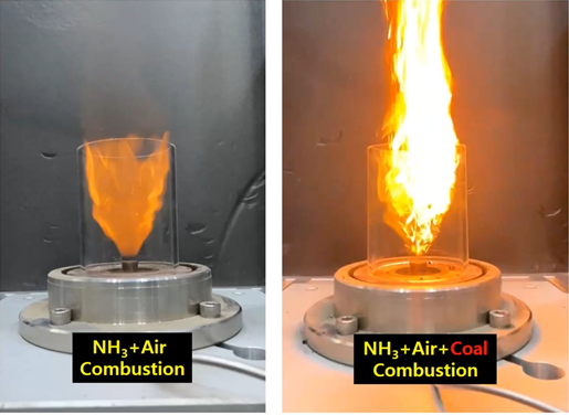 에너지연이 개발 중인 암모니아-공기 연소(왼쪽) 및 암모니아-공기-석탄 혼소(오른쪽)