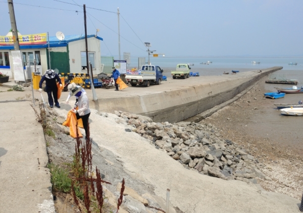 맷돌포구 일원에서 바닷가 대청결 활동 진행 중인 사진