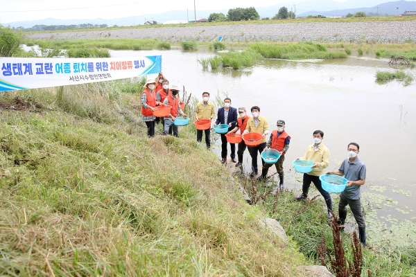 맹정호 서산시장이 5일 서산시수렵인연합회원들과 해미천에서 메기 치어를 방류하는 모습
