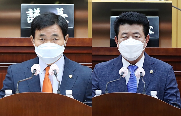 왼쪽부터 서산시의회 안원기 의원과 장갑순 의원이 5분발언을 진행했다.