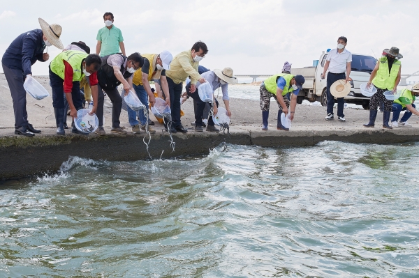 15일 오세현 시장과 어민 등 참석해 아산호에 뱀장어 치어 2만7500여 마리 방류 행사 모습