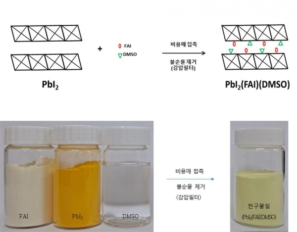페로브스카이트 전구물질 형성 과정 : 포마미디니움아이오다이드(FAI)과 요오드화납(PbI2)을 섞고 용매인 DMSO에 녹인 다음, 비용매 첨가 후 불순물을 제거하면 전구물질이 만들어진다.
