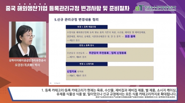 농식품 수출이슈 및 제도안내 웨비나 강의 모습 * 상하이이웨이공급망관리유한공사 마오칭칭 박사