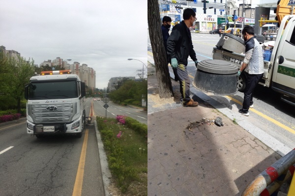 (좌)주요도로변 노면청소 장면, (우) 주요도로변 인도 불법광고물 정비 장면