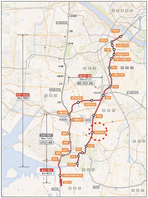 신안산선 노선도 및 장하역 위치