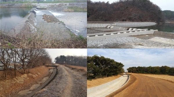 (위) 취입보 개보수사업 전, 후  (아래) 용배수로 개보수사업 전, 후 모습