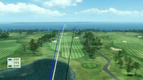 선수별 샷의 궤적을 골프존의 버츄얼 3D 기술로 구현한 대회 중계 화면 예시.